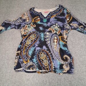 Joyous‎ & Free Paisley Blouse Womens 2X Blue Beaded V-Neck Cold Shoulder Top